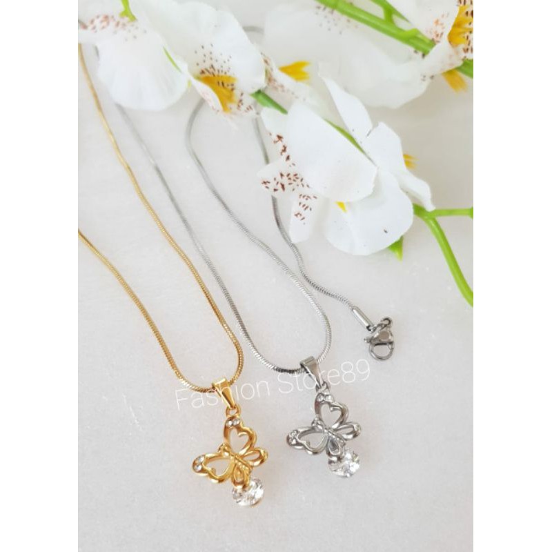 Ready Kalung Buterfly  Titanium Bestquality Emas Silver Antikarat selamanya bestseller kupu-kupu