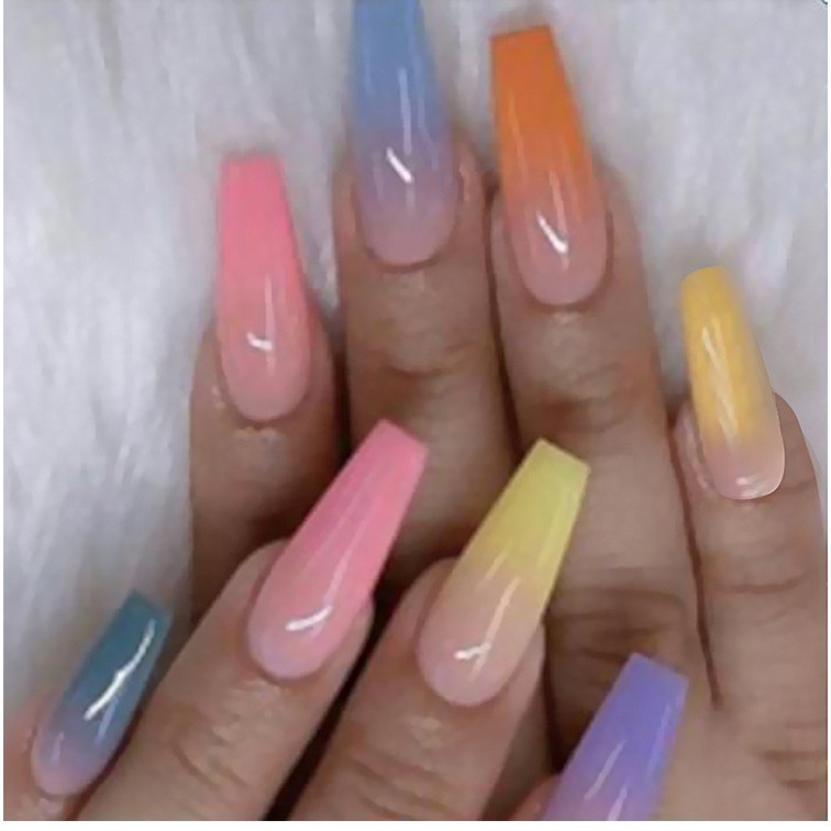 24 Pcs Kuku Palsu Panjang Bahan Akrilik Tahan Air Warna Pelangi Dengan Lem Untuk Nail Art