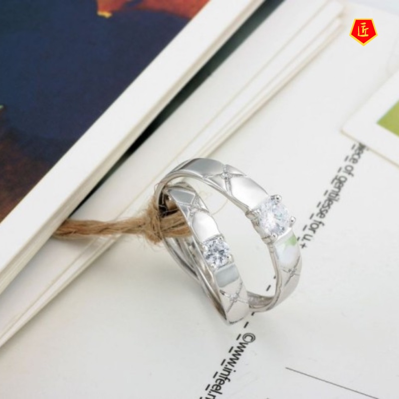 [Ready Stock]Korean Style Simple Diamond Couple Silver Ring