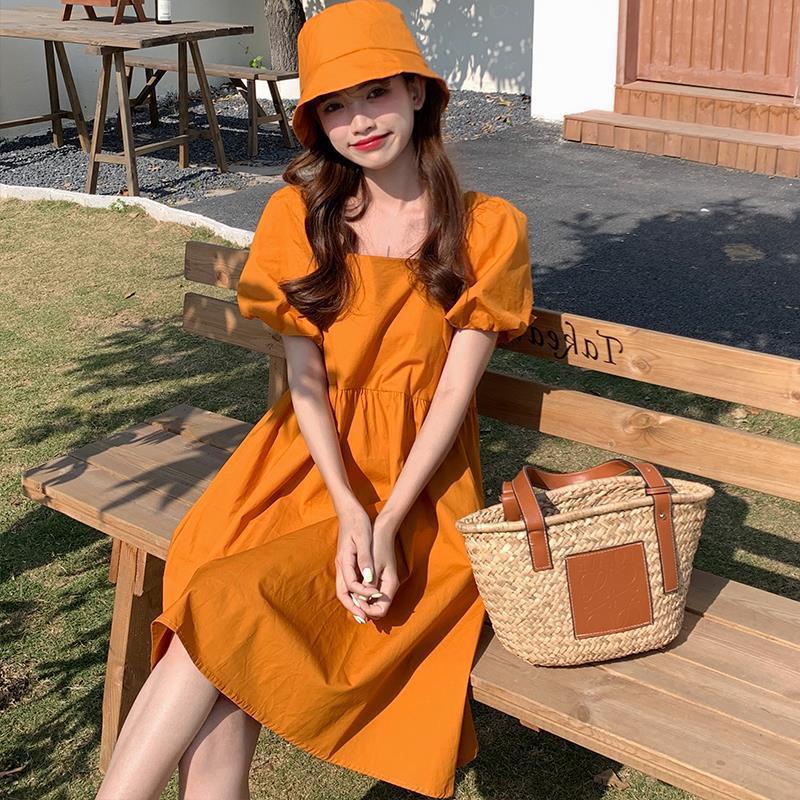 [littlecrab] Dress Square Neck Lengan Balon Simple Polos Orange Hitam Dress Bahan Berkualitas Lembut Elegan Dress Pendek Korean Style Simply Aesthetic