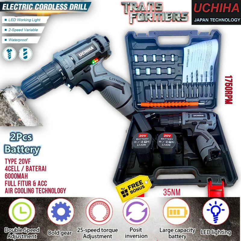 Bor baterai 10mm murah cordless mesin bor  besi kayu tombok UCHIHA Japan 20volt