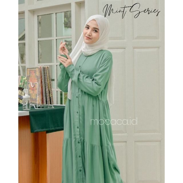 Gamis polos premium Babydoll Lady Dress Rayon Twill Full Kancing busui soft mint hijau pastel adem