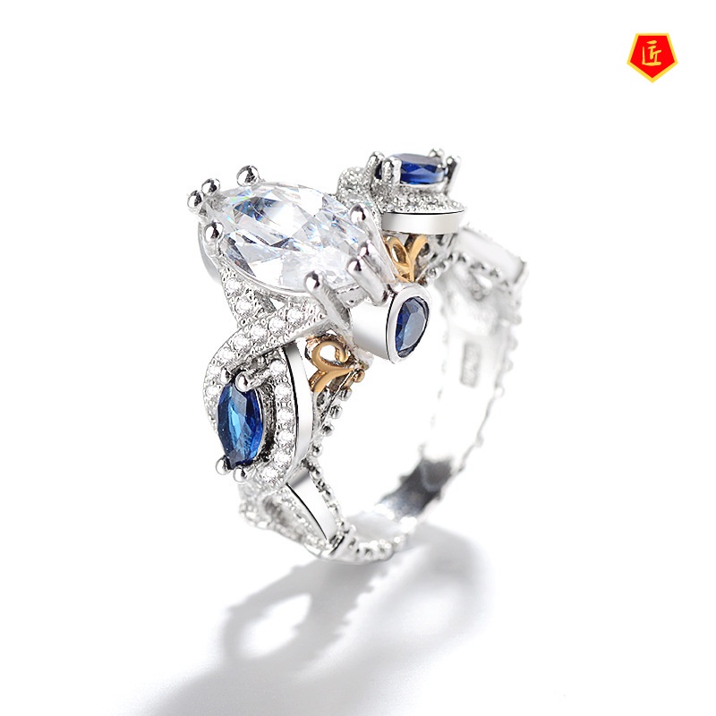 [Ready Stock]Inlaid Blue Gem Two-Tone Ring 18K Gold