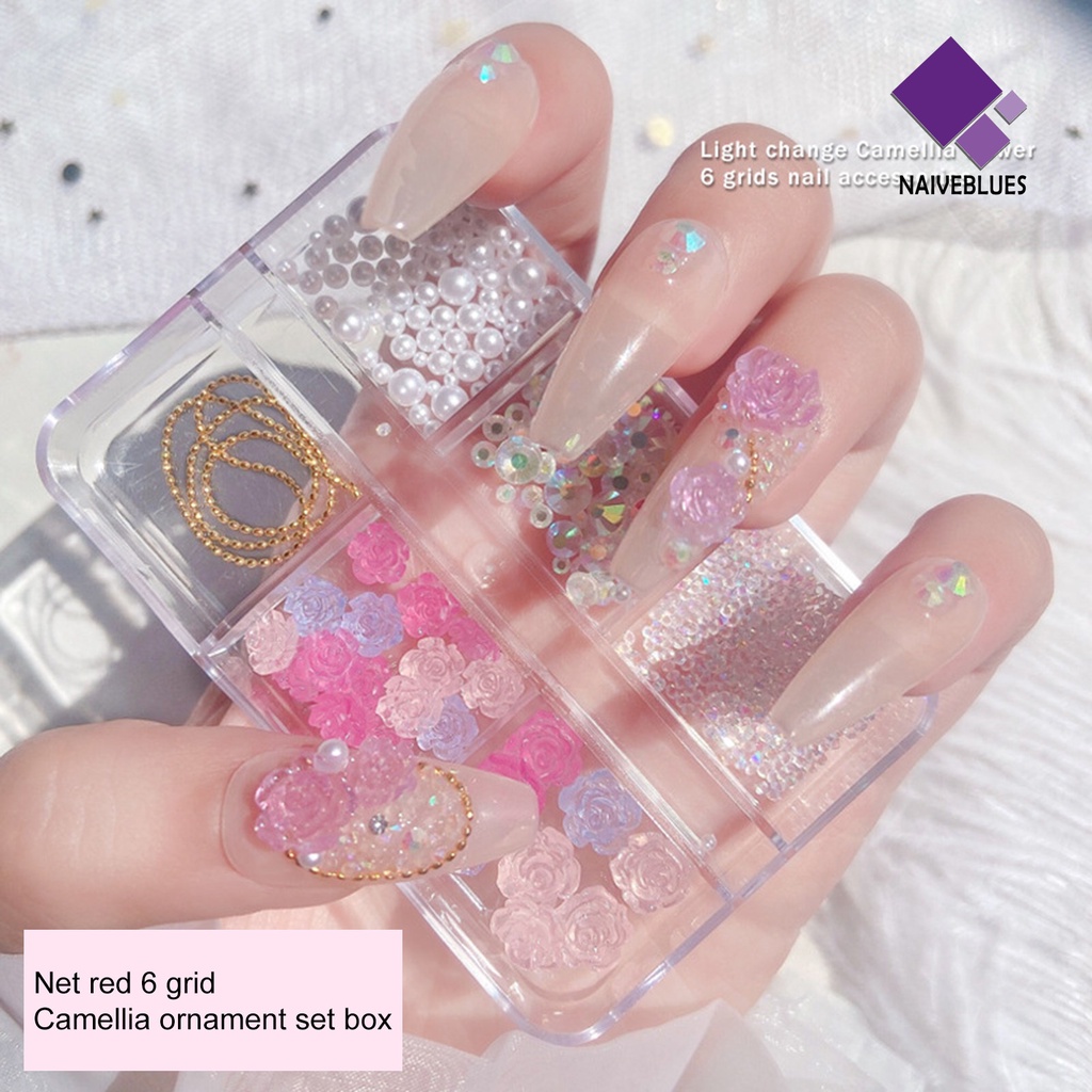 Naiveblue &gt; 6 Sekat / Kotak Hiasan Kuku Bentuk Bunga Kamelia / Aurora / Mutiara Putih Untuk Nail Art Wanita