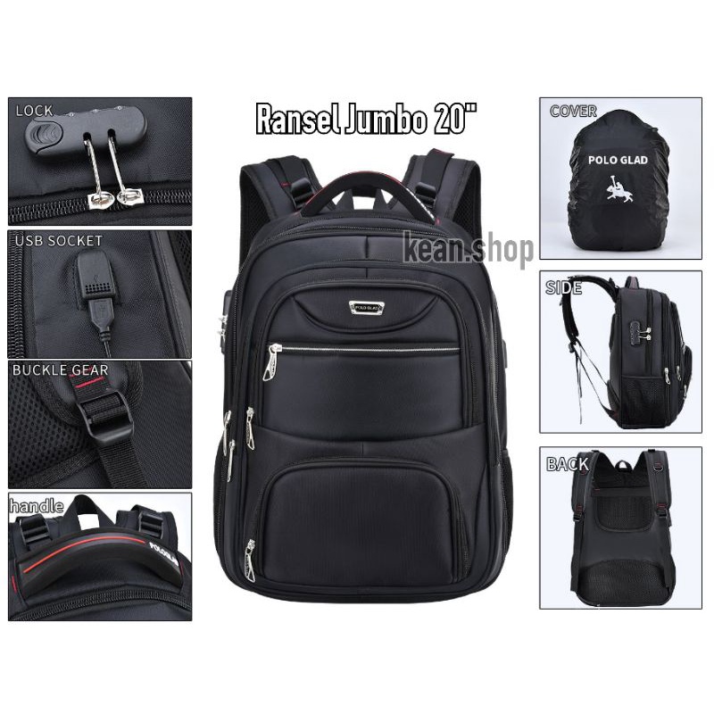 Polo Glad Tas Ransel Jumbo Pria 20 Inch Kunci Kombinasi Tas import Ransel Kerja Usb Port + Raincover