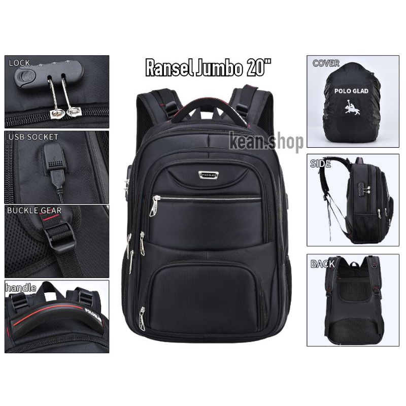 Polo Glad Tas Ransel Jumbo Pria 20 Inch Kunci Kombinasi Tas import Ransel Kerja Usb Port + Raincover