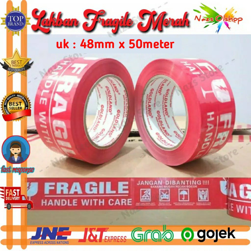 Lakban Fragile merah Goldland Segel Jangan Dibanting 48 mm x 50 meter