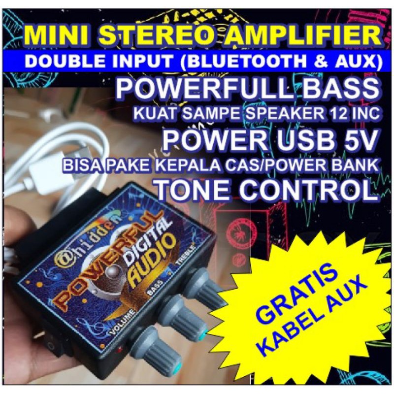 MINI 5V STEREO AMPLIFIER DOUBLE INPUT BLUETOOTH & AUX SUPER BASS