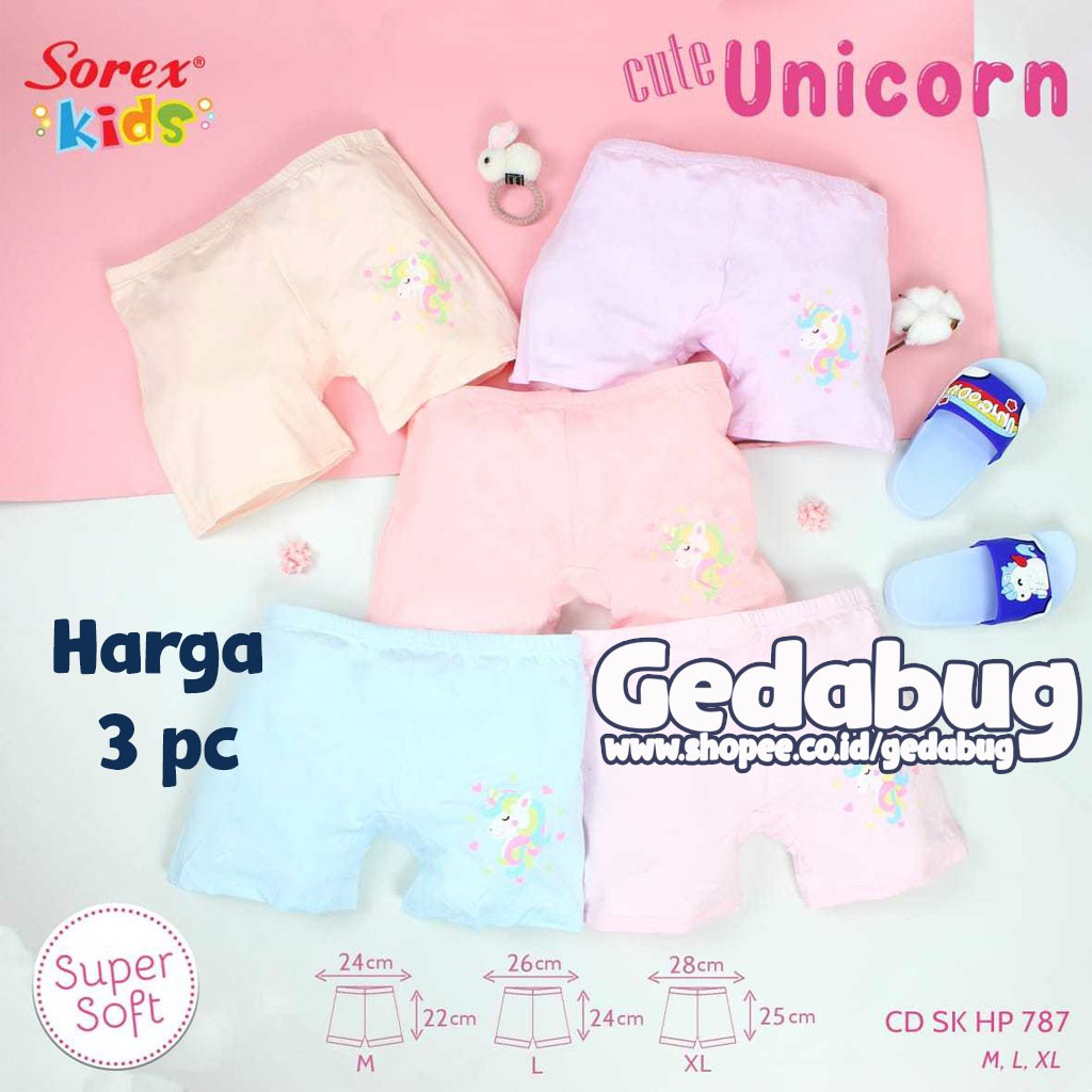 3 Pcs - CD Boxer anak Sorex kids HP-787 Motif Cewek Girl Super Soft | Gedabug