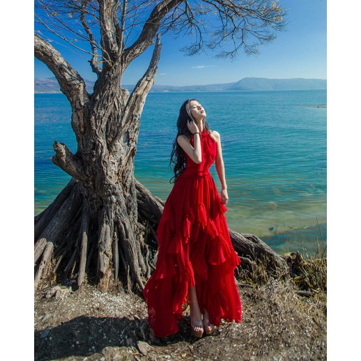 Bohemian Summer Women Holiday Beach Maxi Dress Sexy Off Shoulder Chiffon Ruffles Red