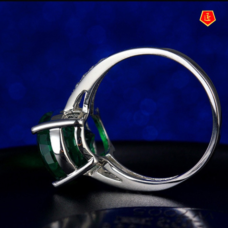 [Ready Stock]925 Silver Green Crystal Tourmaline Ring 18K White Gold Elegant Fashion