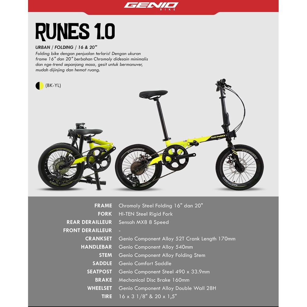 Sepeda Lipat Genio Runes 1.0 Chromoly Sensah 8 Speed Cakram 16 dan 20 inch SNI-2