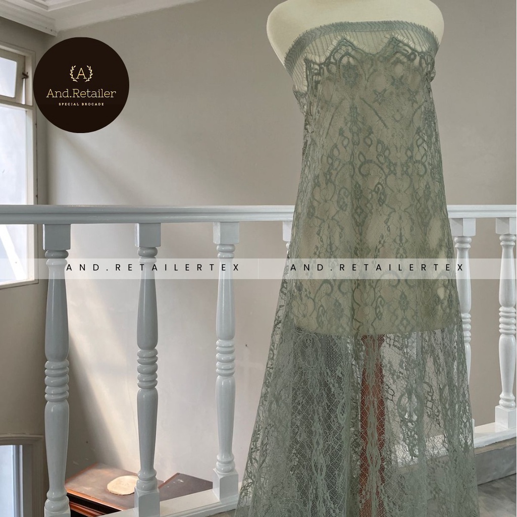 Bahan Kebaya Brokat Semi France Lace Chantily Shantily Katun Per panel 2,5m Warna Sage Green