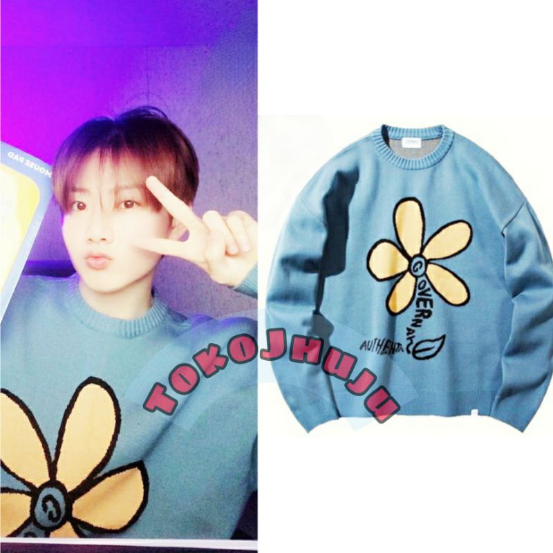 Basic Sweater Treasure Junkyu style OVERNAT FLOWER sablon hitam kuning