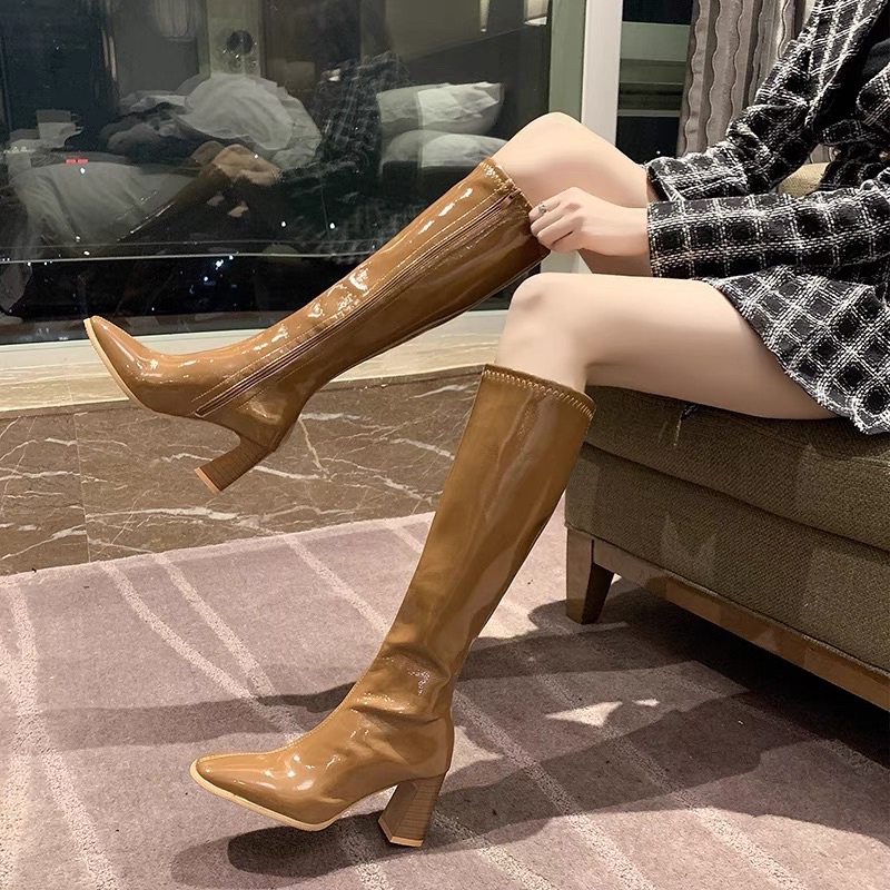 High knee boots import wanita glossy jessica sepatu overknee high knee boot cewek korea fashionable heels