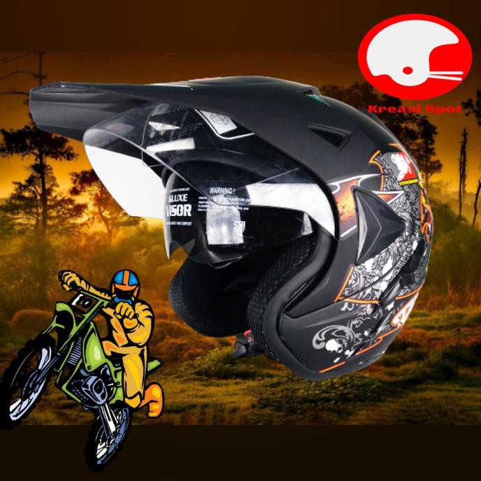 Helm Motor Cross Trail Pria Cowok Half Face Keren Double Visor Sni - Hitam Doff Babestoree