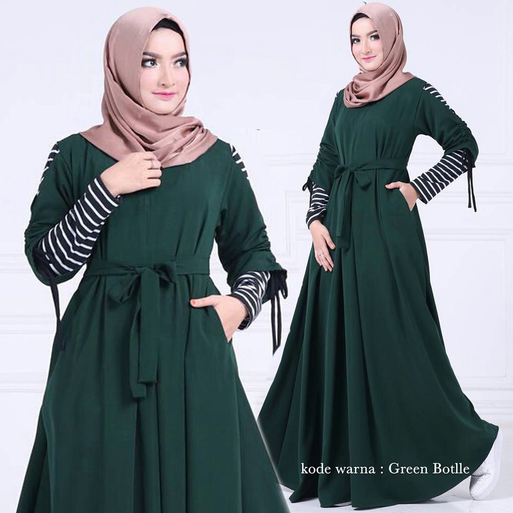 Maora dress terbaru fashion muslim lengan motif salur