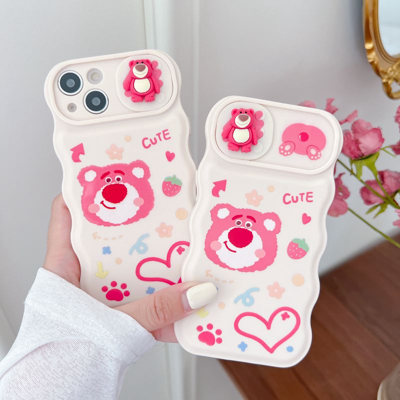 Soft Case Pelindung Kamera Motif Strawberry Beruang Pink Untuk IPhone 11 12 13 14 Pro Max