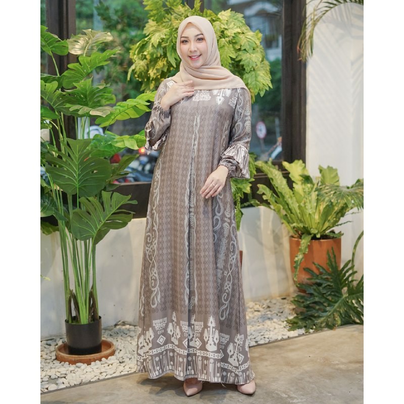 Gamis Wanita Kia Maxi Motif | Fashion Muslim Wanita | Dress Muslim Wanita Busui Friendly All Size-Abu (Dewasa)