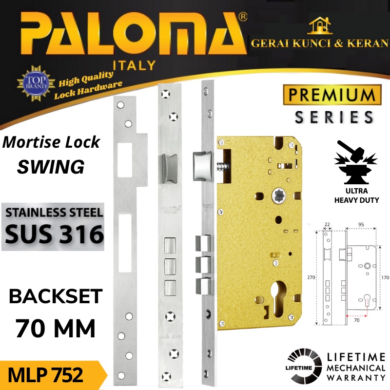 Body Kunci PALOMA MLP 752 PREMIUM SWING 70MM STAINLESS STEEL SUS 316 MORTISE LOCK