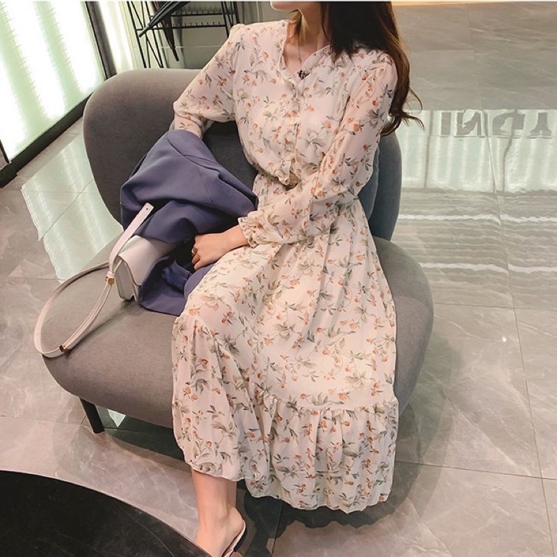Dress Wanita Lengan Panjang / Gaun Floral Bunga Korea Import