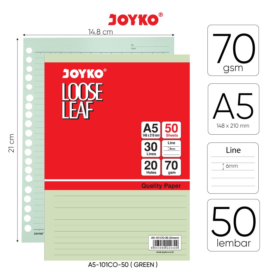 

Loose Leaf Color Isi Kertas File Binder Warna Joyko A5-101CO-50 Green
