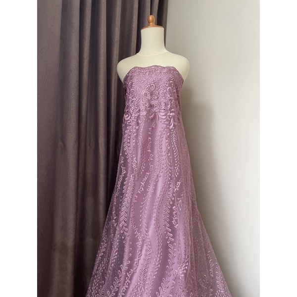 Bahan Kebaya Brukat Brokat Premium Tule Bordir Gloria Luxury Warna Pinkish Ungu Lilac