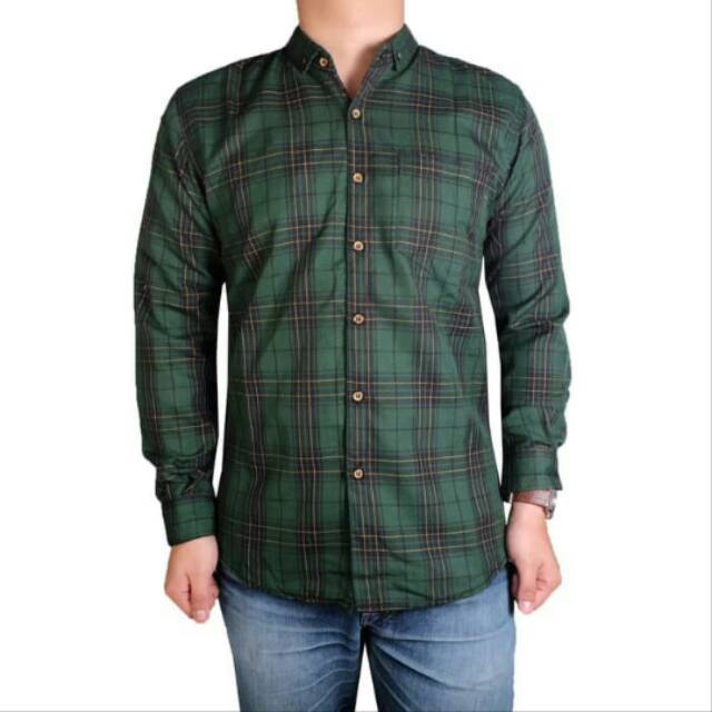 Kemeja pria lengan panjang kotak kotak flanel hijau list kuning