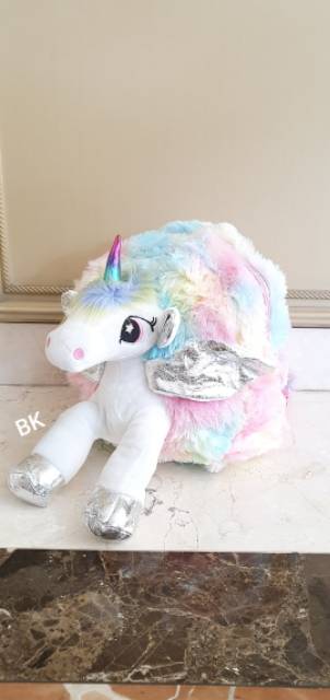 4D UNICORN FURY BAG / TAS UNICORN BULU / UNICORN BAG FLUFFY / RANSEL UNICORN IMPORT SILVER PINK