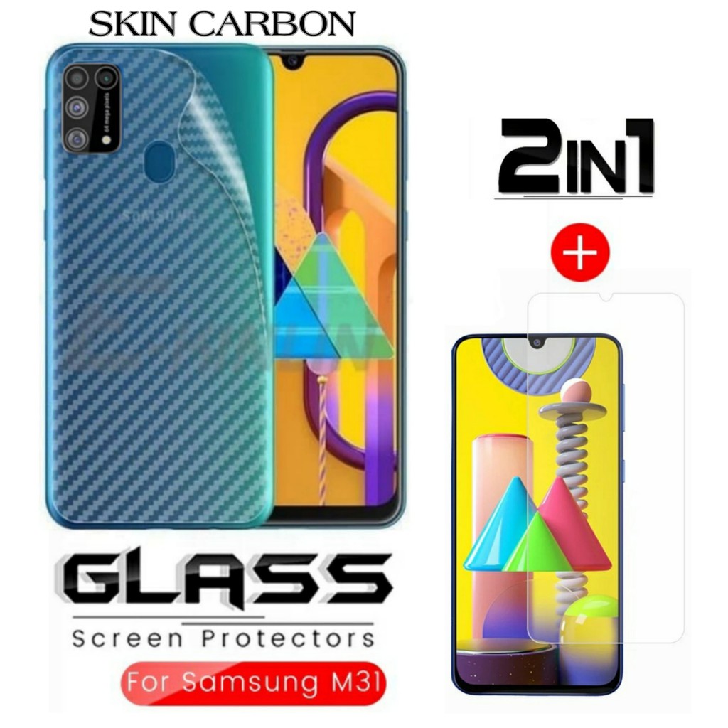 Tempered Glass SAMSUNG Galaxy M31 Paket Back Skin Carbon Handphone Garskin Transparant