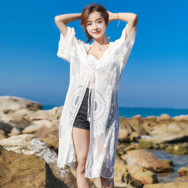 Cardigan Panjang Wanita Model Korea Long Cardigan Motif Brukat Baju Pantai Cewek Kekinian Terbaru