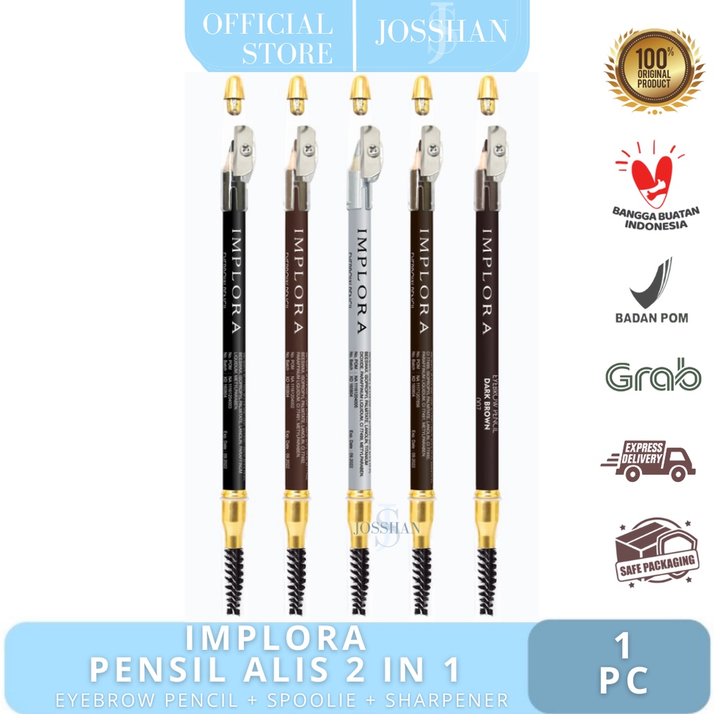 IMPLORA Pensil Alis 2in1 (Pensil + Serutan + Sikat) - Eyebrow Pencil Original BPOM | Pensil Alis Implora | Celak | Eyebrow Pencil BPOM | Pensil Alis BPOM | Pensil Alis Implora 2 IN 1 | Pensil Alis Murah | Pensil Alis Hitam / Cokelat / Silver / Grey Brown