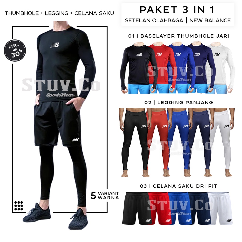 PAKET 3IN1 STELAN MANSET BASELAYER THUMBHOLE LEGGING PANJANG DAN CELANA SAKU DRIFIT OLAHRAGA UNISEX KEREN