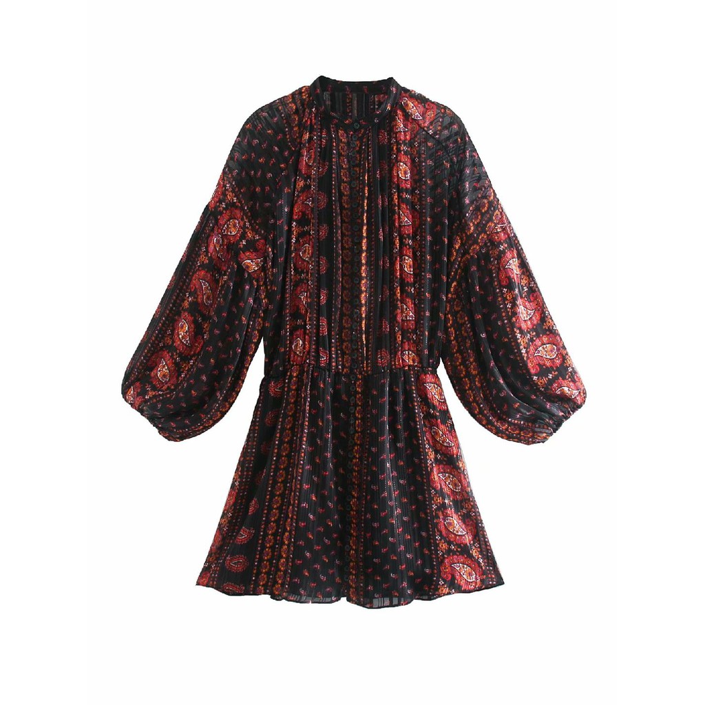 Mini Dress Motif Lengan Panjang Warna Hitam Vintage Pattern Dress Korea Black Retro Dress