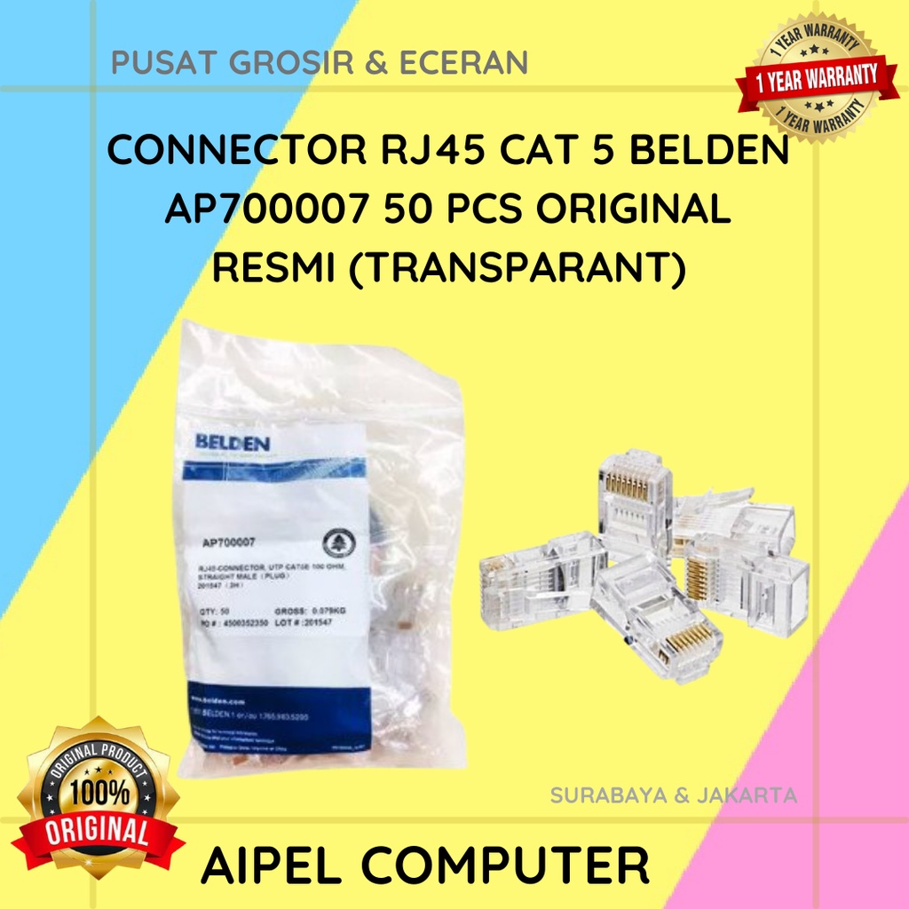 AP700007 | CONNECTOR RJ45 CAT 5 BELDEN AP700007 50 PCS ORIGINAL RESMI (TRANSPARANT)