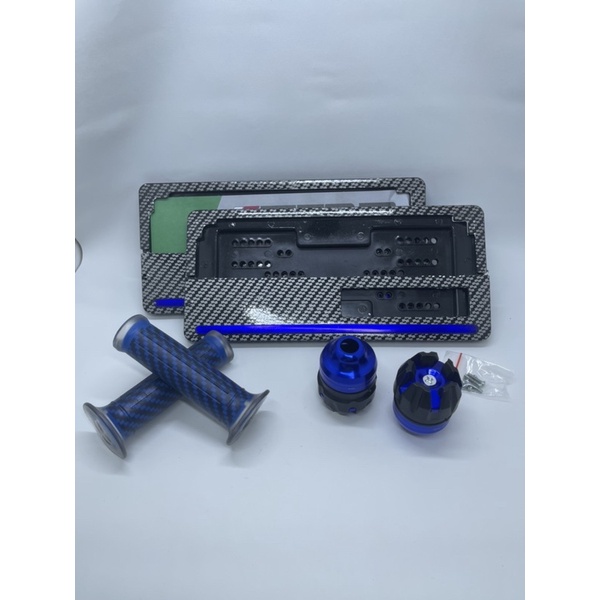 Handgrip Karbon + Jalu As Roda Depan + Cover Plat Karbon List Biru Universal