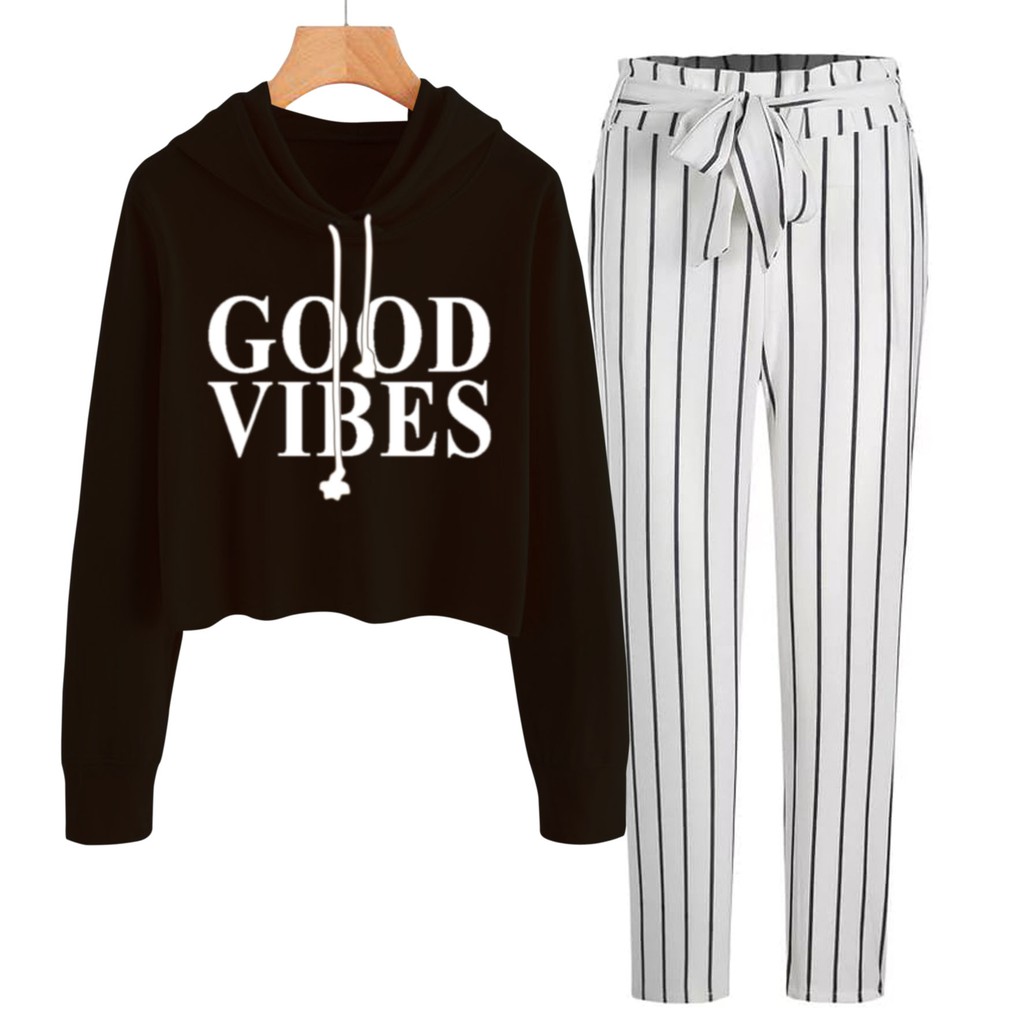 BESS - Baju Setelan Wanita Murah / Setelan Hoodie Crop + Celana Salur Putih - GOOD VIBE