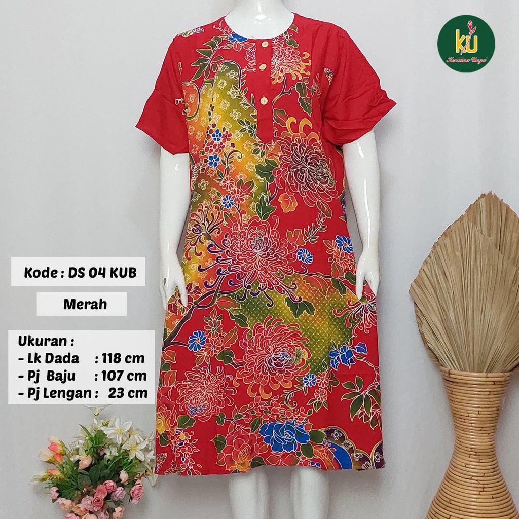 COD DS04 KUB | Daster Batik Kencana Ungu Asli Label Biru Uk. Jumbo LD 120 cm | Baju Santai Tidur Wanita Dewasa Kancing Depan Busui Friendly Motif Terbaru-Merah D