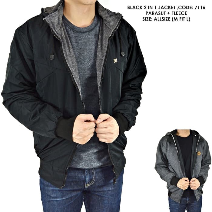 Jaket Bolak Balik 2In1 Motor Parasut Fleece Hitam Polos Cowok Pria