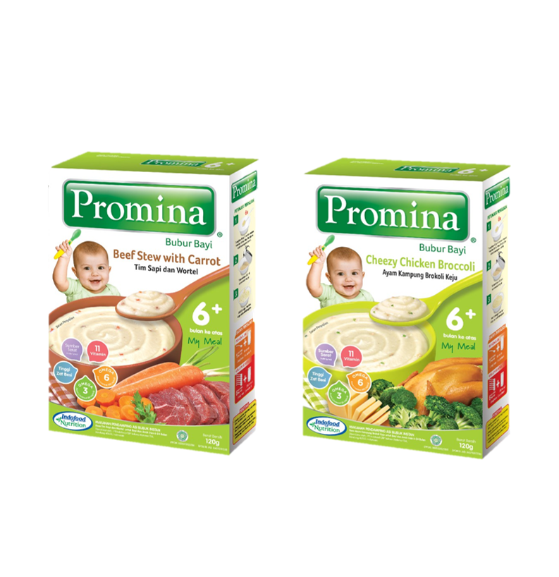 Promina Bubur Bayi 6+ Tim Sapi Wortel Box 120g x 1 Pcs + Promina Bubur Bayi 6+ Ayam Kampung Brokoli Keju Box 120 g x 1 Pcs