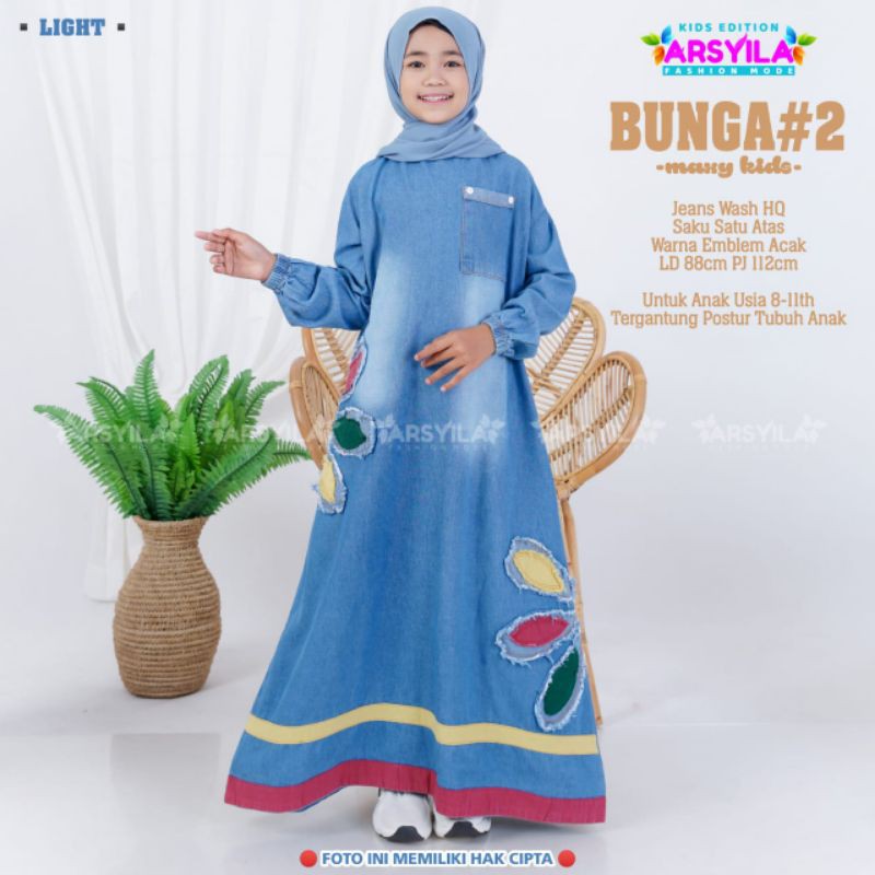 bunga #2 Maxy Kids By ARSYILA • Maxy Dress Gamis Baju Jeans Kids Remaja Anak Perempuan Muslim