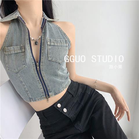 Red Eropa dan Amerika hot girls zipper halter denim kamisol pakaian luar wanita seksi kerah terbuka kembali pendek rompi kecil top