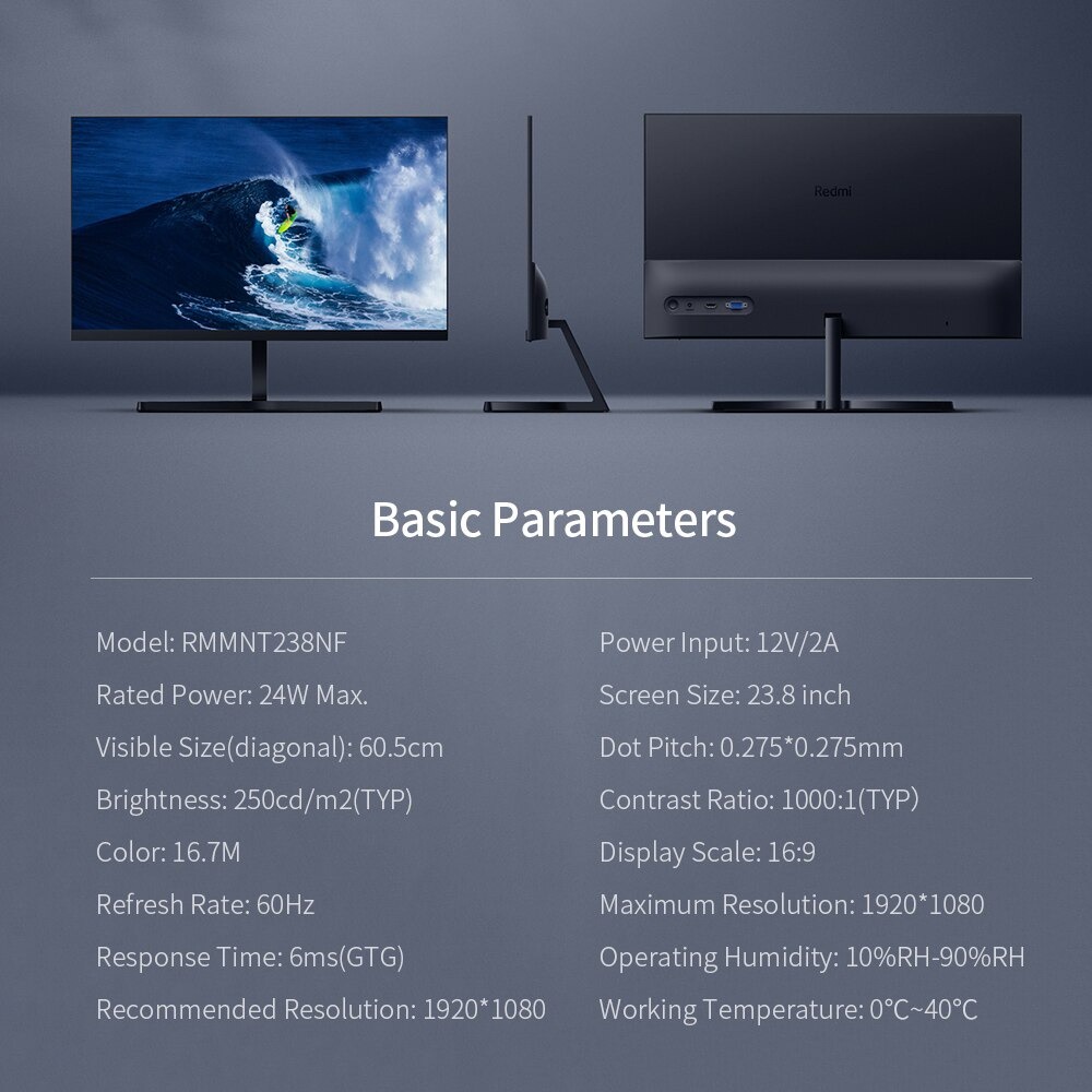 Monitor PC Xiaomi Redmi 1A Desktop Monitor Full HD 1080P IPS 23.8 Inch - RMMNT238NF - Black