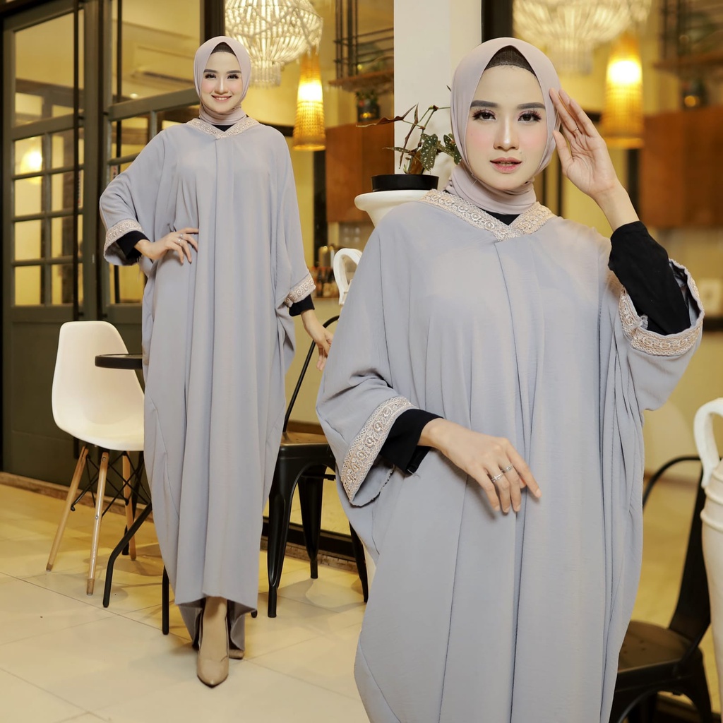 HOPYLOVY - Kaftan Wanita Muslim Bahan Crinkle Aplikasi Brenda Coklat Ishana