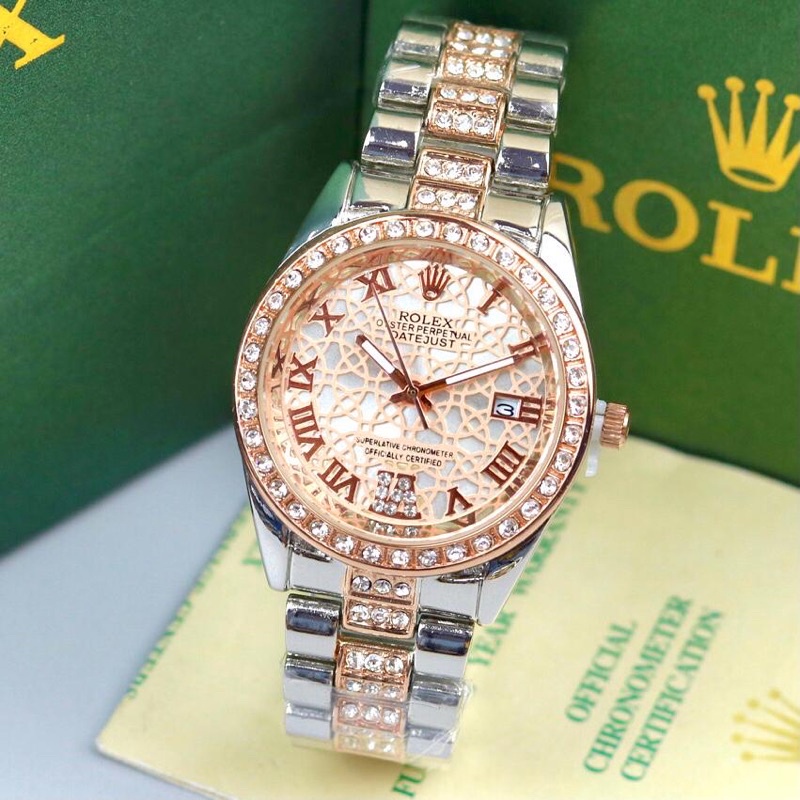 Jam Tangan Wanita Rolex Rantai Permata Premium Tanggal Aktif Free Box Rolex &amp; Baterai Cadangan