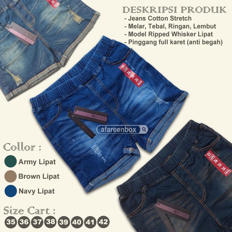 AFAREEN - Hotpant Jeans Ripped Whisker Stretch/ Melar Celana Pendek Jeans Wanita Korean Style Big Size Jumbo size 35-42