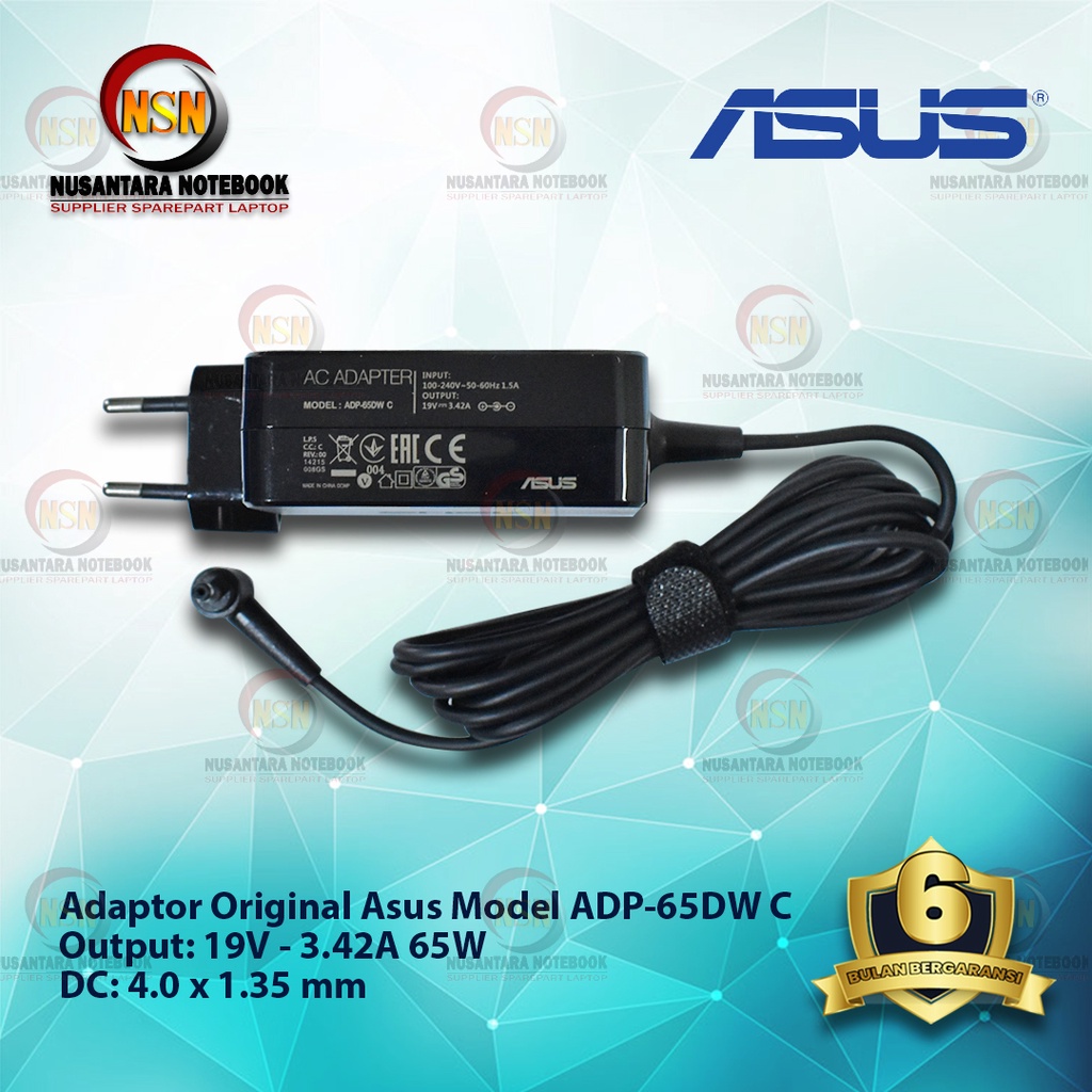 Adaptor Charger Original Asus 19V - 3.42A Plug In DC 4.0*1.35 mm