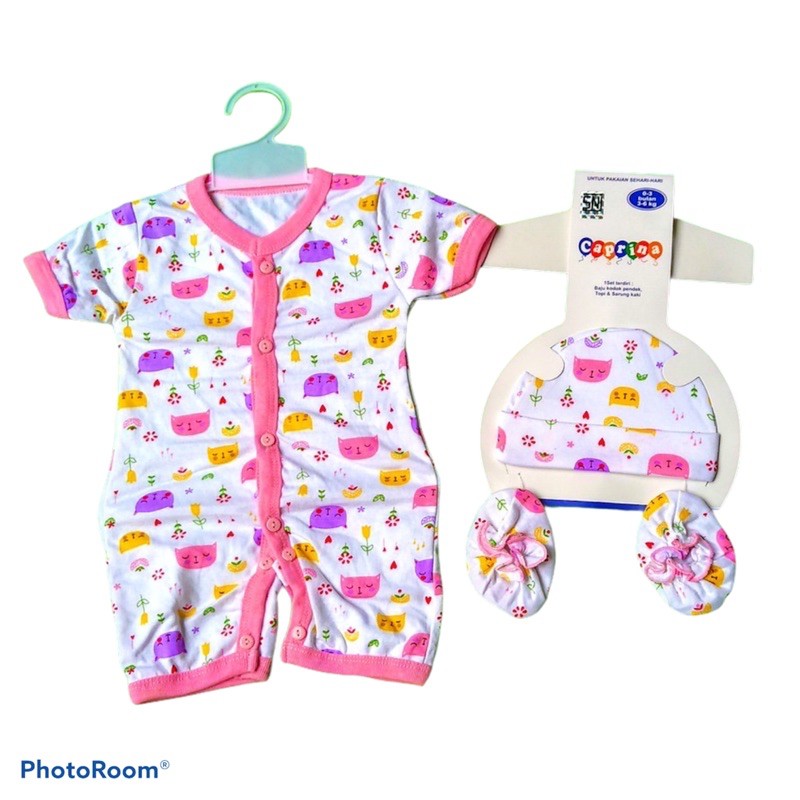 Set Romper Pendek, Topi, Mitten/Sarung Tangan. Baju bayi baru lahir. Merk Caprina