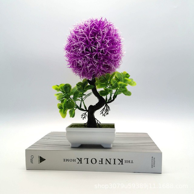 COD/BONSAI HIAS TANAMAN ARTIFISIAL BUNGA DEKORASI RUANGAN BUNGA PLASTIK POT BULAT PUTIH BP8818-Ungu