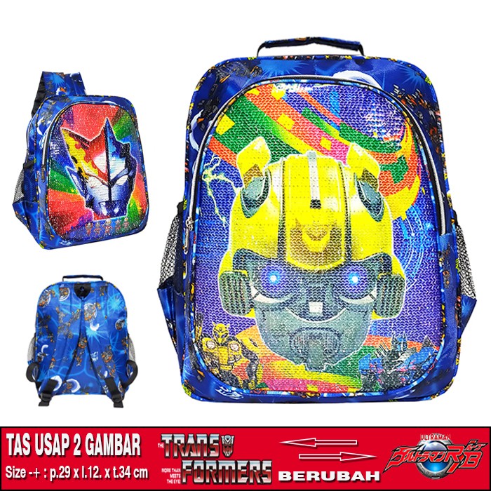 TAS RANSEL SEQUIN / USAP 2 GAMBAR KARAKTER TRANSFORMERS - ULTRAMAN ANAK SEKOLAH TK / SD